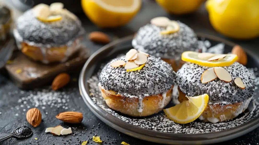 Babeczki z makiem, rodzynkami, lukrem cytrynowym i migdałami