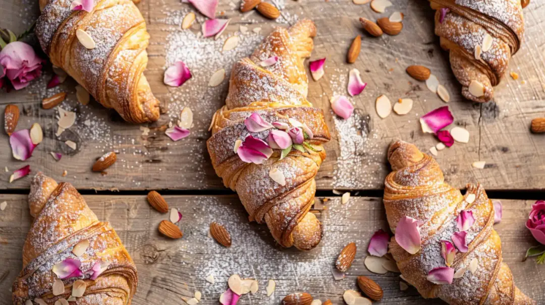 Rogale maślane z konfiturą z płatków róży i migdałami