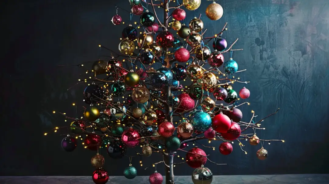 Oryginalne dekoracje: choinka z bombkami w różnych kolorach
