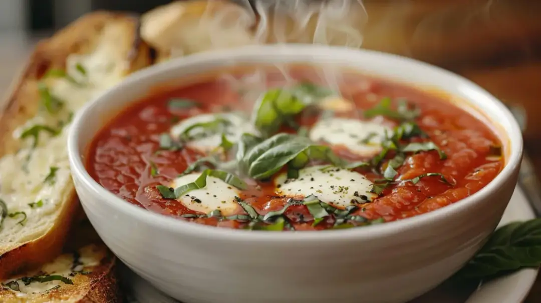 Zupa pomidorowa z mozzarellą, bazylią i grzankami