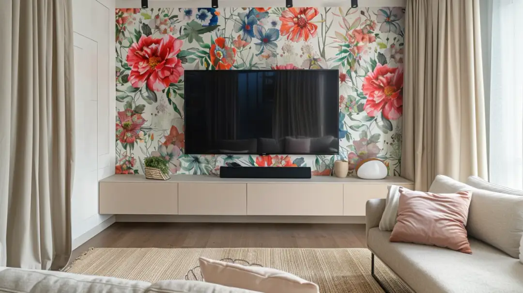 Efektowna dekoracja salonu - fototapeta umieszczona za telewizorem