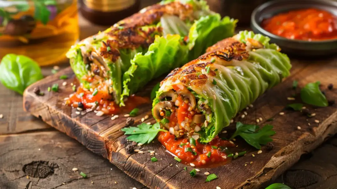 Gołąbki bez mięsa z kaszą gryczaną, pieczarkami i sosem pomidorowym