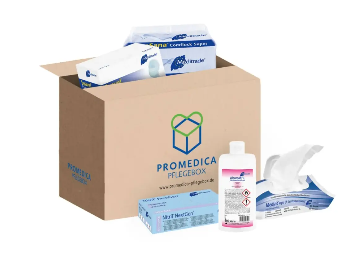 Der Inhalt der Pflegebox: Handschuhe, Desinfektionstücher, Handdesinfektionsmittel und Masken.