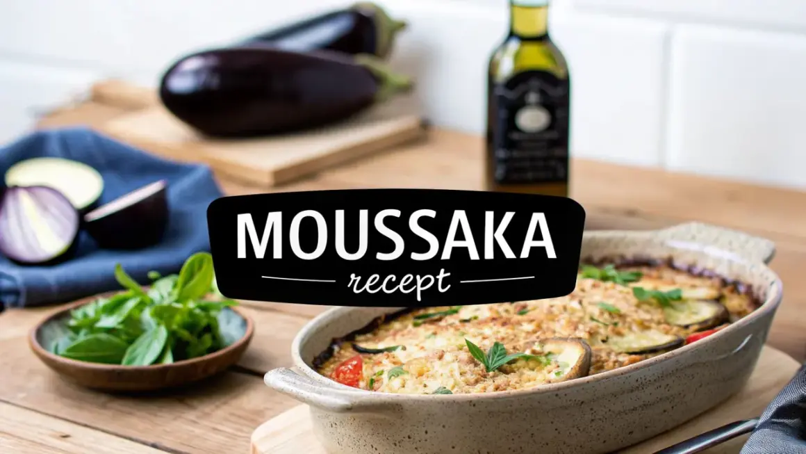 En ugnsbakad moussaka i en keramikform, med aubergine, tomater och örter. Texten "MOUSSAKA recept" syns tydligt.