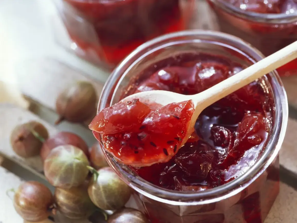 Ein Holzlöffel mit leckerer Stachelbeermarmelade ragt aus einem Glas. Frische Stachelbeeren liegen daneben.