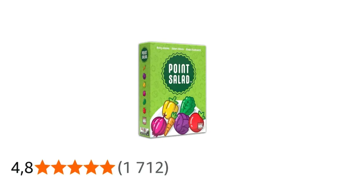 Pudełko gry karcianej Point Salad z kolorowymi warzywami. Gracze zbierają punkty, tworząc idealną sałatkę.