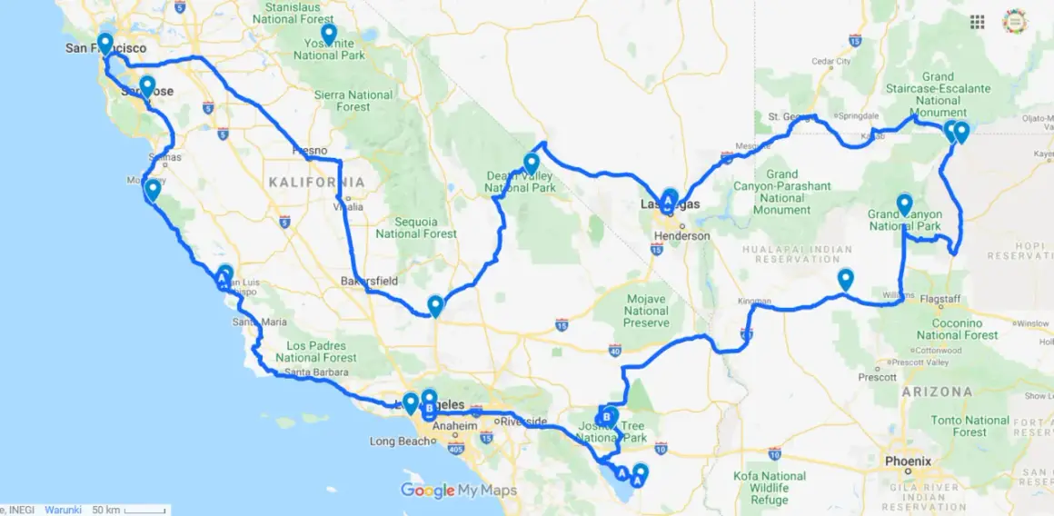 Trasa podróży po zachodnim wybrzeżu USA: San Francisco, Yosemite, Dolina Śmierci, Las Vegas, Wielki Kanion.