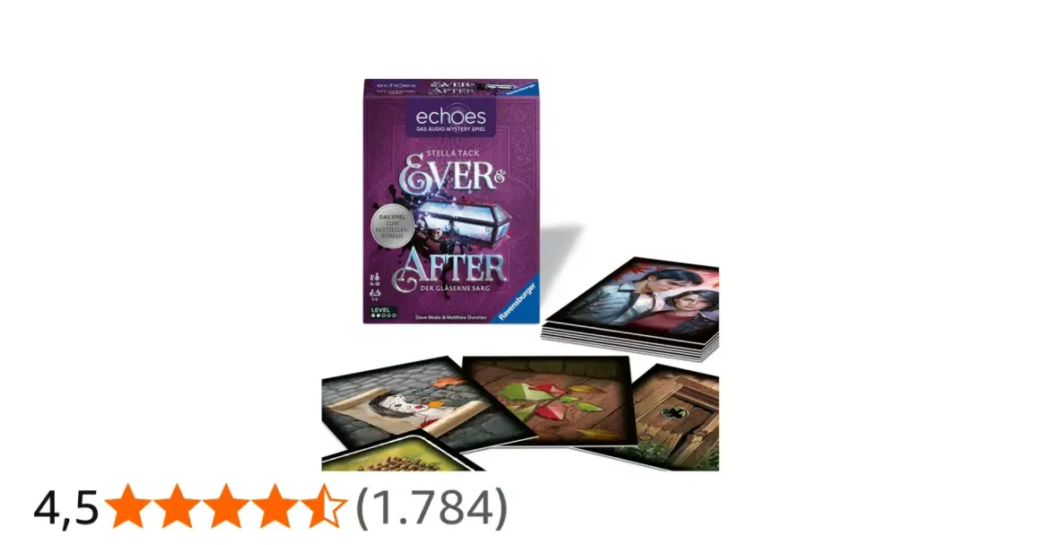 Das "Echoes: Ever After - Der gläserne Sarg" Spiel, ein spannendes Mord auf Ex Spiel, mit Spielbox und illustrierten Karten.