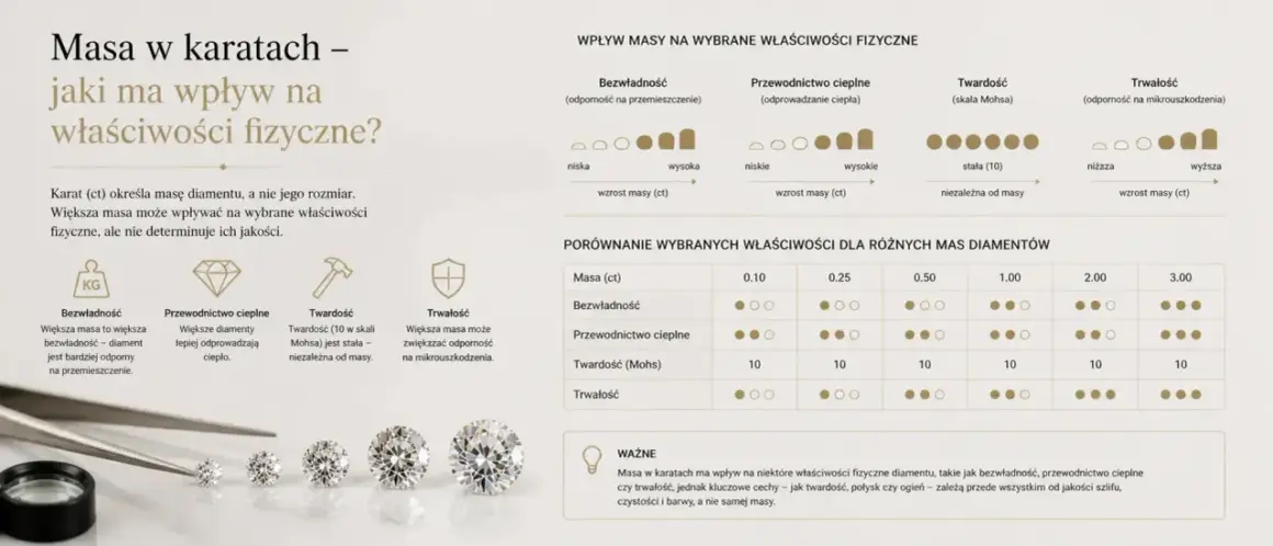Masa diamentu w karatach wpływa na jego bezwładność i trwałość, ale nie na twardość.