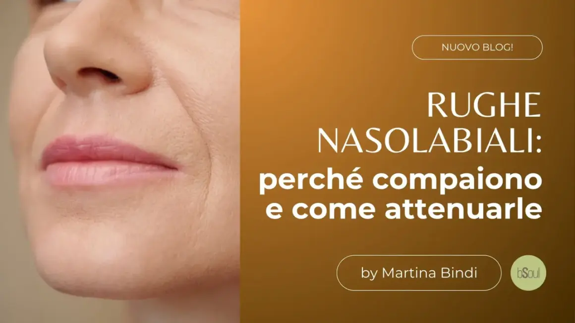 Primo piano del viso con labbra e naso, evidenziando le rughe nasolabiali. Articolo su come attenuarle.