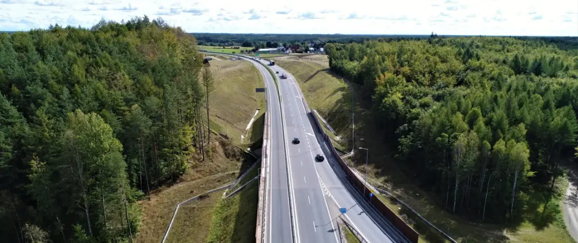 Droga krajowa 22 przecina gęsty las. Samochody poruszają się po wielopasmowej jezdni, otoczonej zielenią.