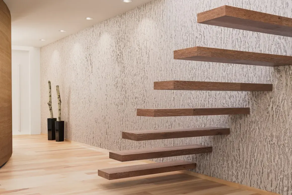 Moderne Treppe mit Holzstufen vor einer Wand in Wischtechnik. Zwei Birkenäste in schwarzen Vasen ergänzen das Ambiente.