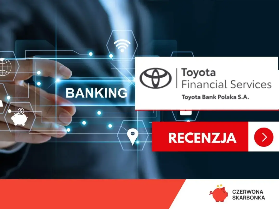 Dowiedz się, toyota bank co to za bank. Logo Toyota Financial Services i przycisk "Recenzja" na tle cyfrowego ekranu.