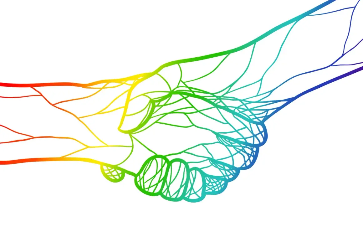 Zwei Hände, verbunden durch bunte Adern, symbolisieren das Vertrauen, sich auf jemanden verlassen zu können.