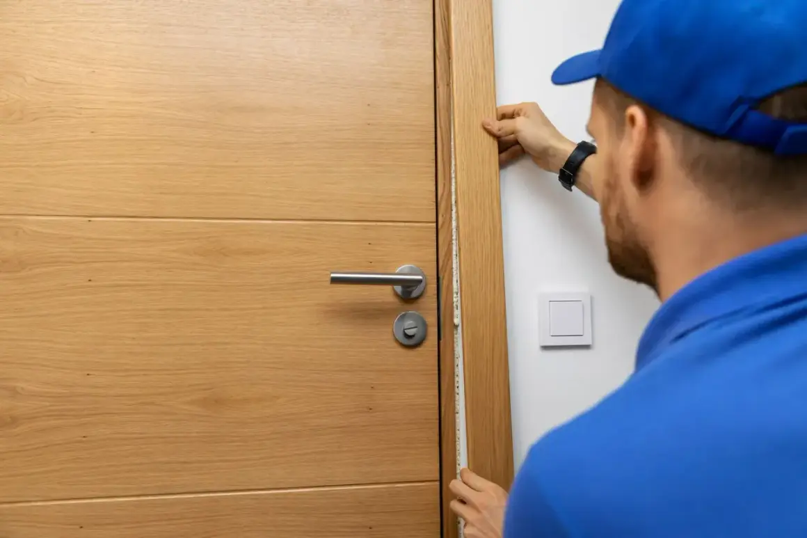 Un homme en casquette bleue ajuste le chant de porte en bois, mesurant l'espace pour une isolation parfaite.