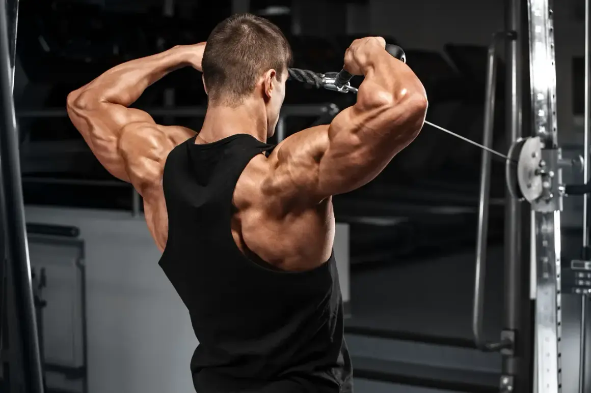 Ein Mann trainiert im Fitnessstudio, seine Muskeln sind stark ausgeprägt und die Venen zeichnen sich ab. Die Muskelpumpe ist deutlich sichtbar.
