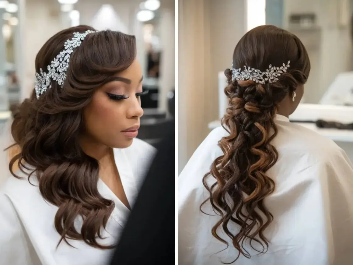 Coiffure mariage cheveux long noir, ondulés et ornés d'un diadème scintillant. Une tresse lâche descend dans le dos, mettant en valeur la longueur et la couleur des cheveux.