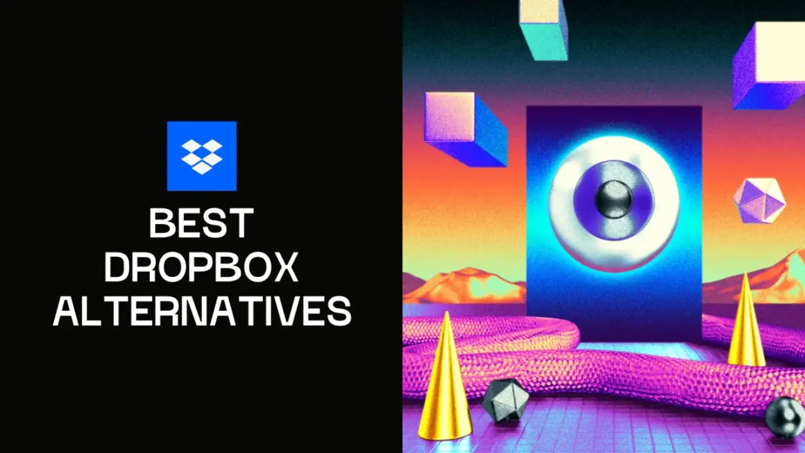 Discover the best encrypted Dropbox alternatives. Explore secure cloud storage options with this vibrant, abstract graphic featuring geometric shapes and a retro-futuristic landscape.