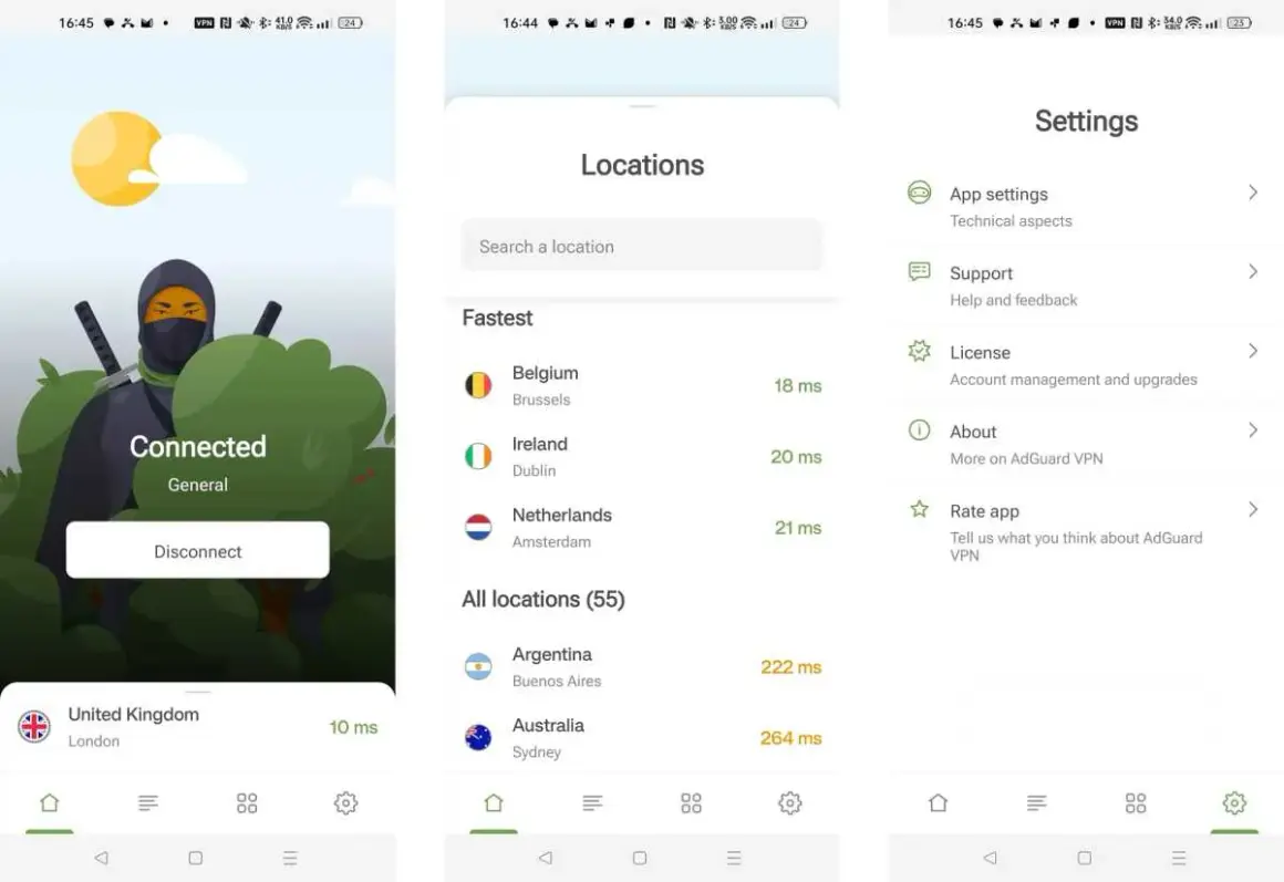 Ekran główny AdGuard VPN pokazuje połączenie z Londynem. Dostępne są lokalizacje takie jak Belgia, Irlandia, Holandia, Argentyna i Australia.