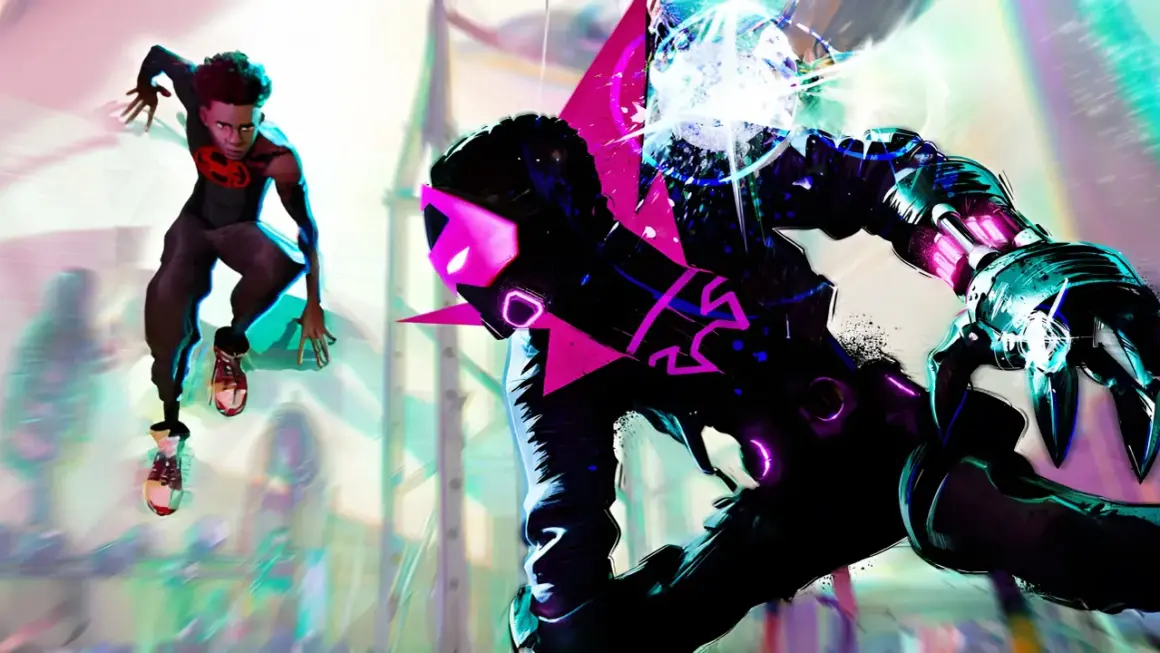 Miles Morales kämpft gegen einen bedrohlichen Gegner im Stil von "Spider-Man: Beyond the Spider-Verse".