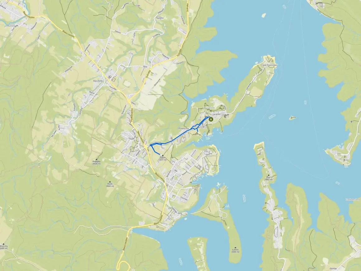 Mapa z zaznaczonymi solina szlaki piesze w okolicy Polańczyka i Jeziora Solińskiego.