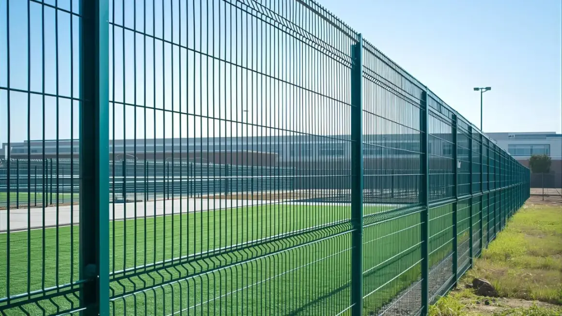 Zielona siatka ogrodzeniowa otacza boisko. Czy można ogrodzić działkę rolną podobnym płotem?