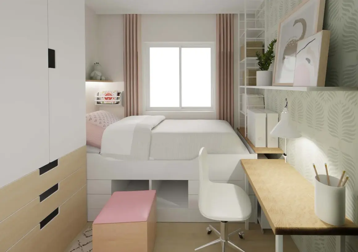 Clever 4 qm zimmer einrichten: Bett mit Stauraum, Schreibtisch, Schrank und Regal schaffen Platz.