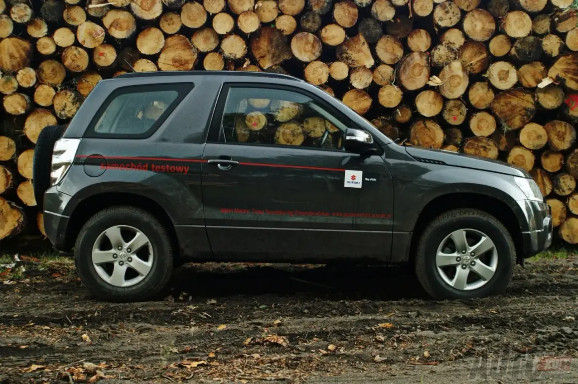 Suzuki Grand Vitara wymiary: ciemnoszary SUV testowy na tle stosu drewna.