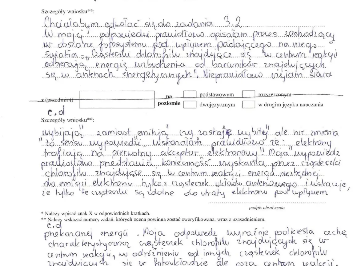 Odwołanie od matury: czy warto? Uczeń opisuje proces fotosyntezy, ale używa nieprecyzyjnych sformułowań.