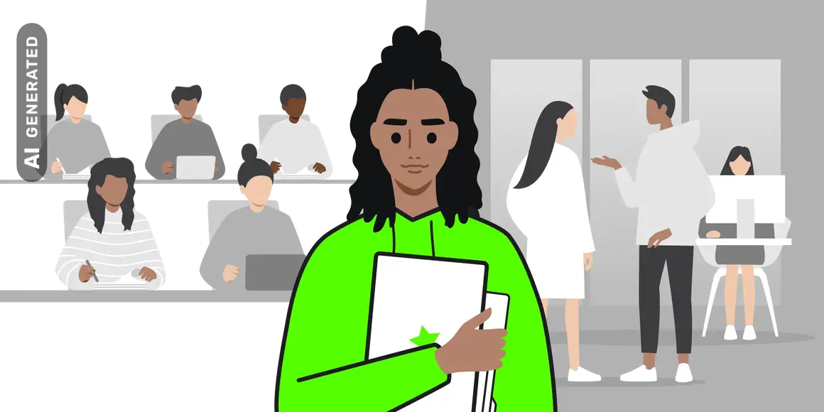 Ein junger Mensch mit Aktenordnern im Vordergrund, im Hintergrund Studierende im Hörsaal. Perfekt für den **iu studienstart**.