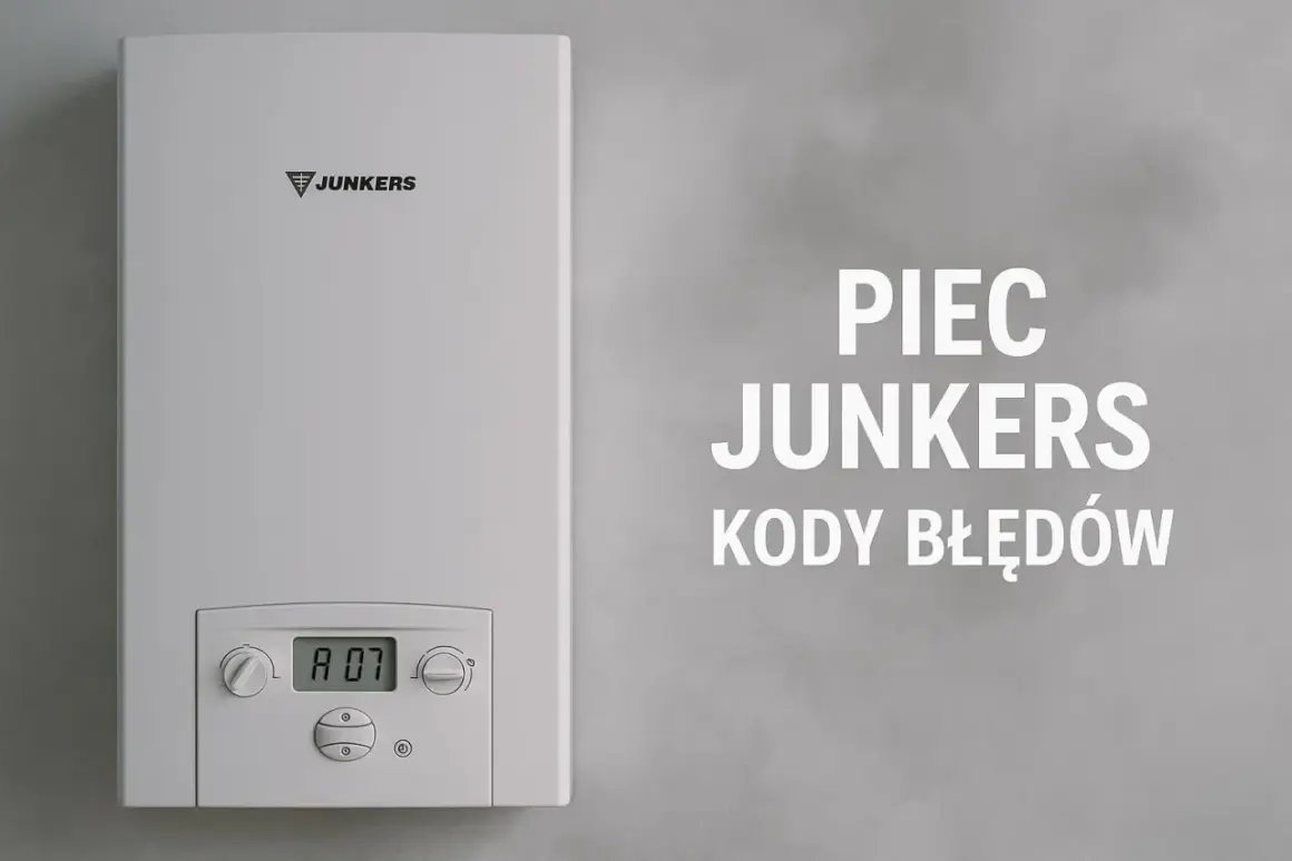 Biały piec Junkers z wyświetlaczem "A 07". Obok napis "PIEC JUNKERS KODY BŁĘDÓW", pomocny przy diagnozie awarii.
