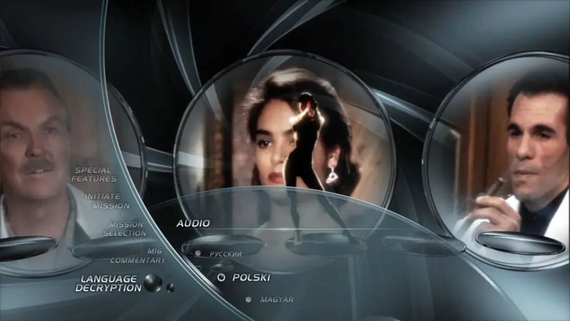 Menu filmu "Licencja na zabijanie" z obsadą: Timothy Dalton, Maryam d'Abo i Robert Davi. Opcje audio i języka.