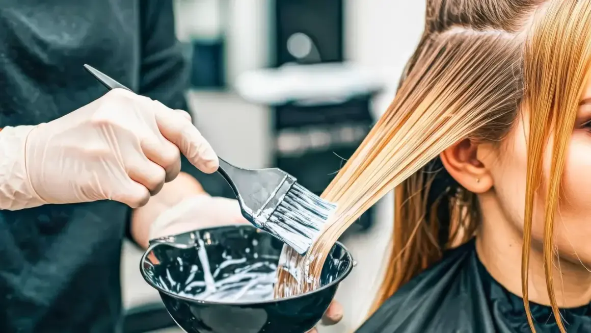 Hårstylist applicerar färg för att skapa slingor i grått hår.