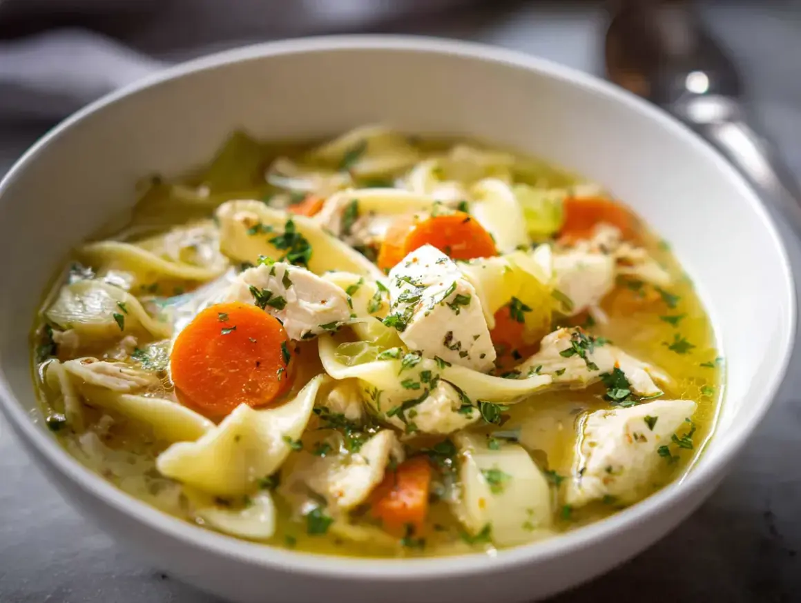 En skål med värmande kycklingsoppa med nudlar, morötter och selleri. Ett perfekt kycklingsoppa recept för kalla dagar.