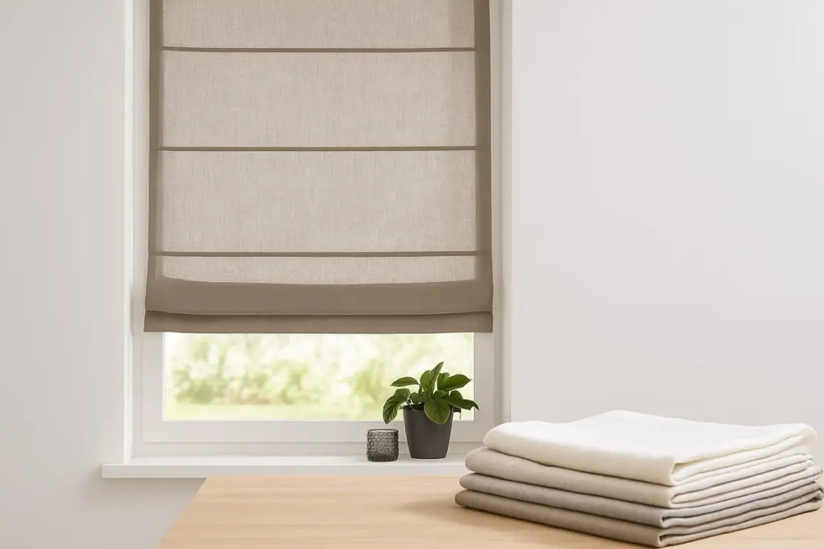 Ein beiger Raffrollo mit Vorhang kombinieren? Hier ist ein Beispiel: Ein schlichtes Raffrollo über einem Fenster, daneben ein Stapel Stoffe in verschiedenen Grautönen.