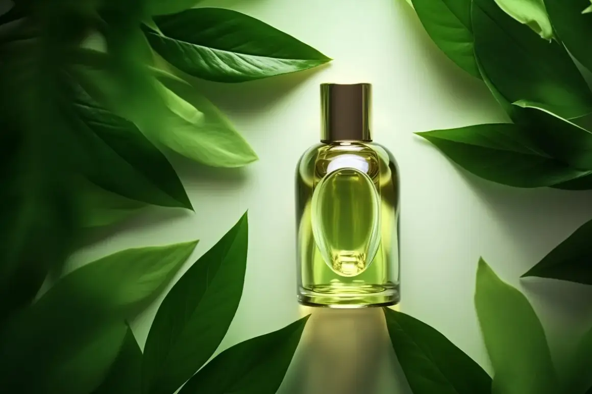 Perfumy o zapachu drzewa cedrowego otoczone soczystą zielenią.