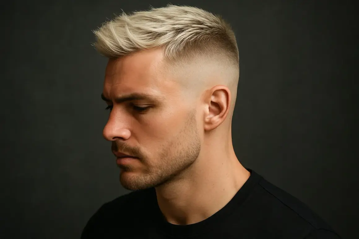 Mann mit blondem Haar und einem präzisen drop fade Haarschnitt, der nach unten hin ausläuft.