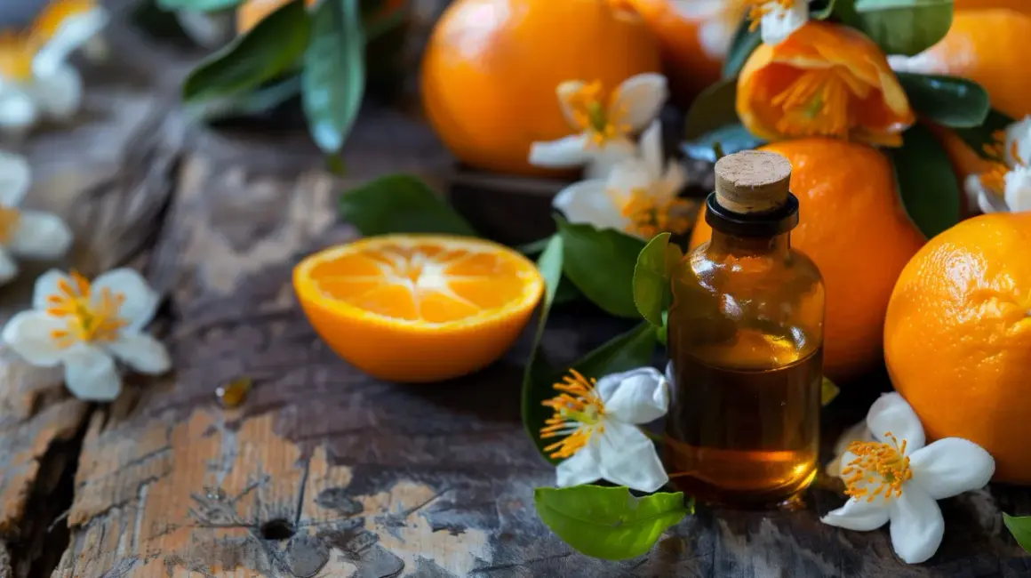 Eine Flasche Neroliöl neben Orangen und Blüten. Die positive neroli wirkung psyche wird durch den Duft der Blüten unterstrichen.