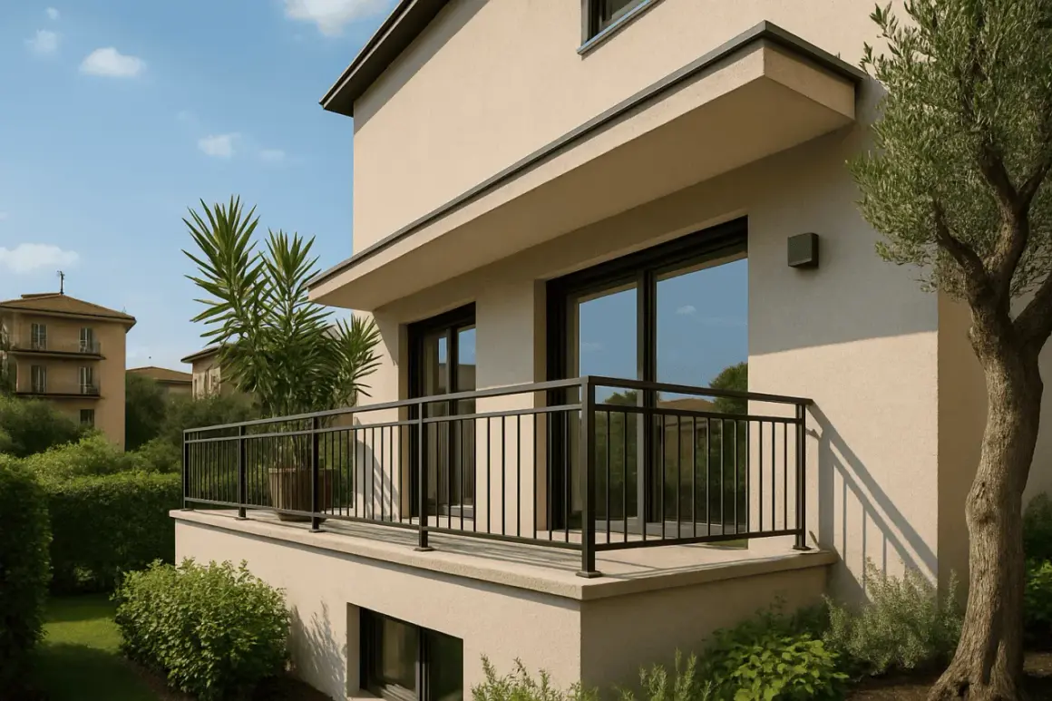 Un balcone moderno, ideale per la ristrutturazione, con ringhiera nera e piante verdi.
