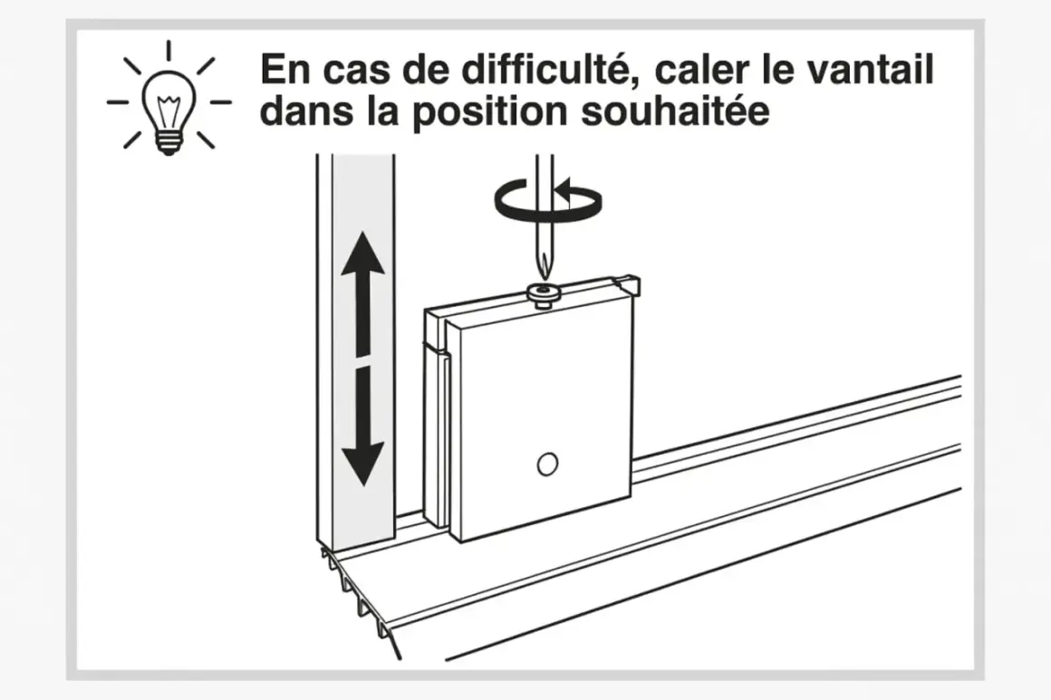 Instruction pour enlever porte coulissante sur rail. Un vantail est montré en cours de retrait, avec une flèche indiquant le mouvement vertical.