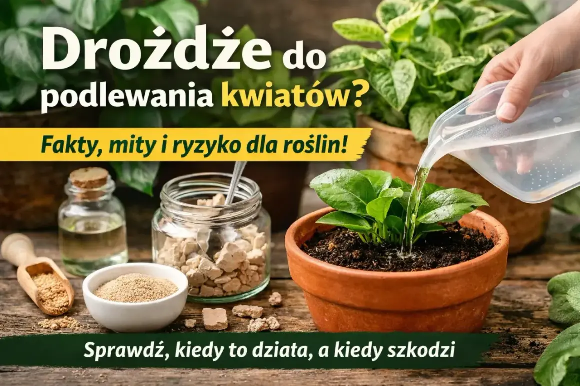 Drożdże do podlewania kwiatów doniczkowych? Na zdjęciu widać różne formy drożdży, wodę i roślinę w doniczce.