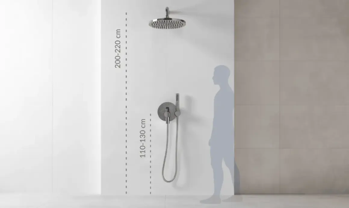 Wysokość montażu baterii prysznicowej: deszczownica 200-220 cm, panel sterujący 110-130 cm.