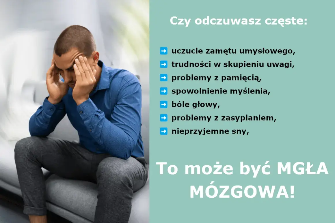 Mężczyzna z problemami z myśleniem, bólem głowy i mgłą mózgową.