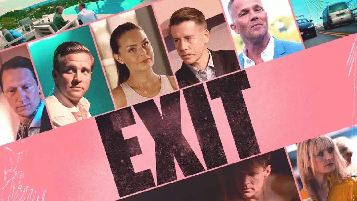 Gesichter der Hauptdarsteller der Serie EXIT, die sich mit den dunklen Seiten des Finanzwesens beschäftigt.
