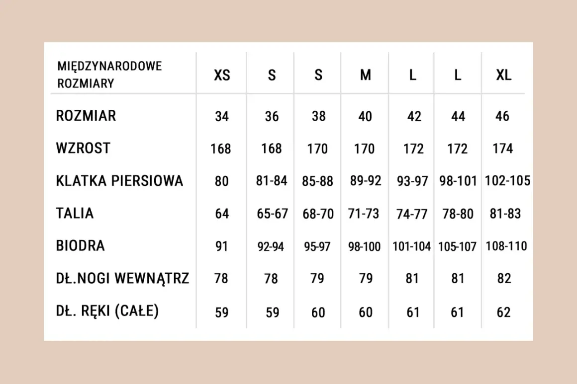 Tabela rozmiarów: rozmiar 38 odpowiada M, wzrost 170 cm, klatka 85-88 cm, talia 68-70 cm, biodra 95-97 cm.