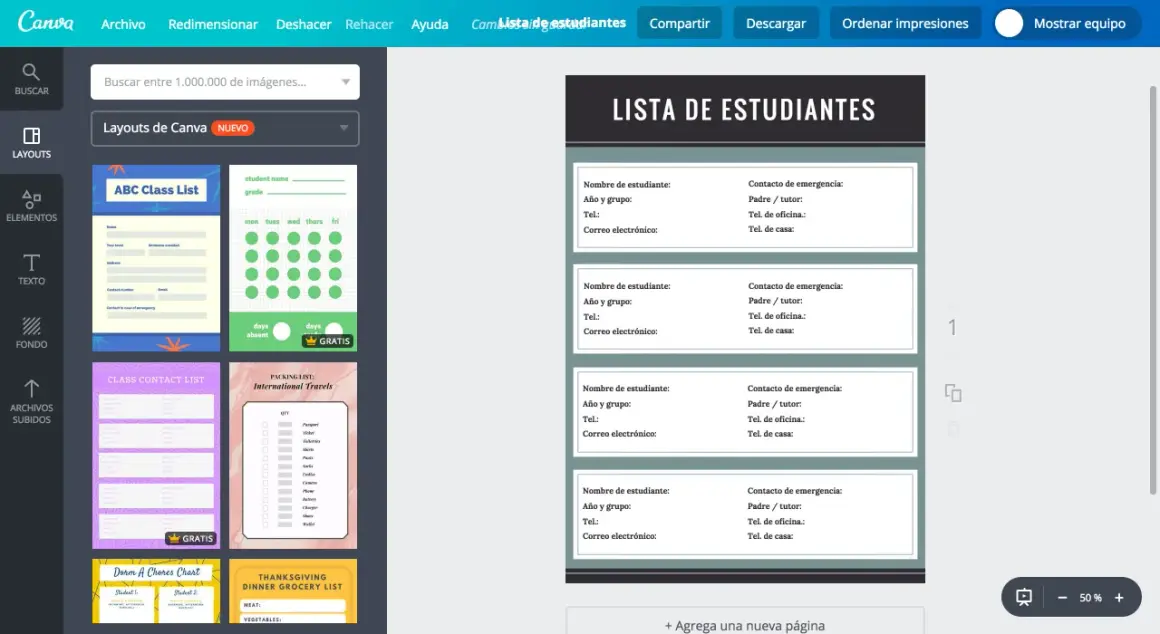Plantilla de ficha del alumno con campos para nombre, contacto de emergencia y detalles del estudiante.