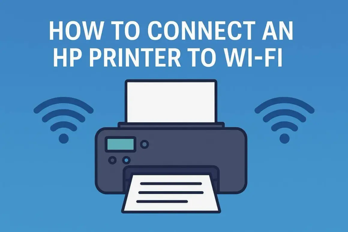 Jak połączyć tel z drukarką HP przez Wi-Fi. Ilustracja przedstawia drukarkę HP z ikonami Wi-Fi po bokach.