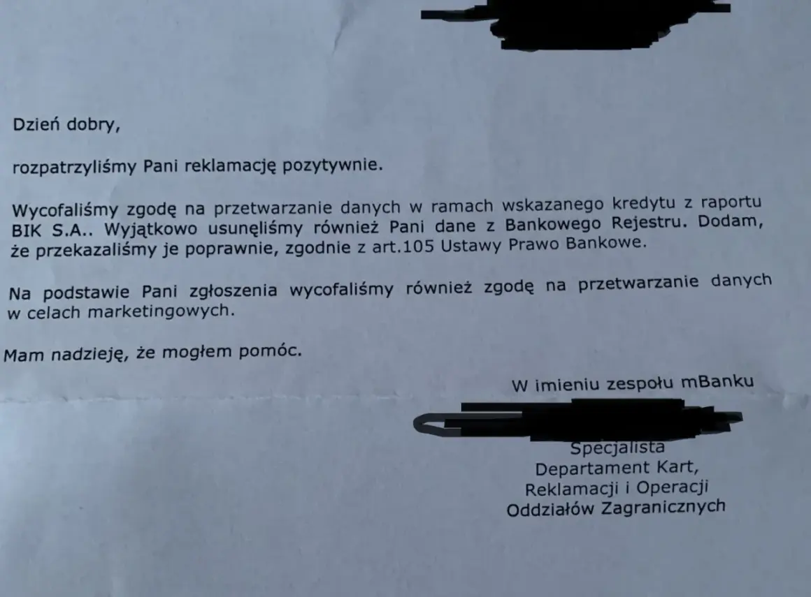 Pismo bankowe potwierdza wycofanie zgody na przetwarzanie danych w BIK S.A. i usunięcie danych z rejestru.