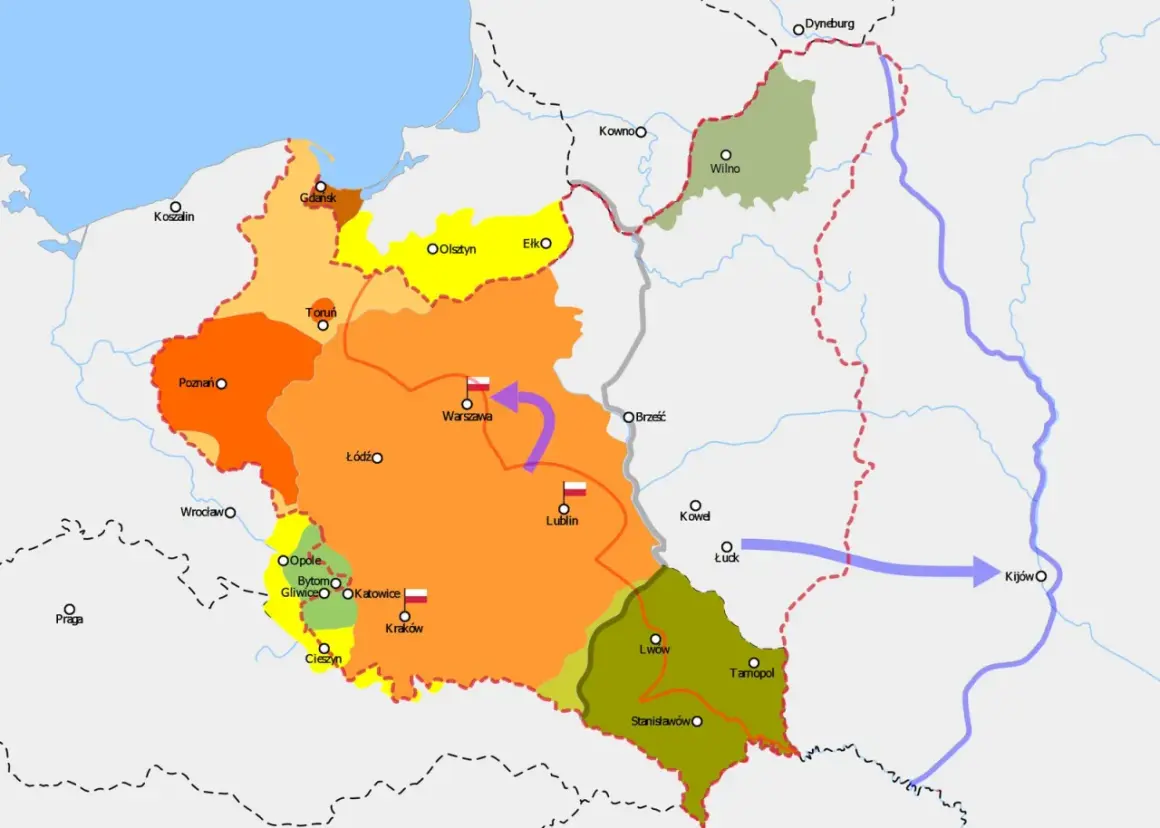 Mapa Polski z zaznaczonymi regionami w różnych kolorach i strzałkami wskazującymi ruchy.