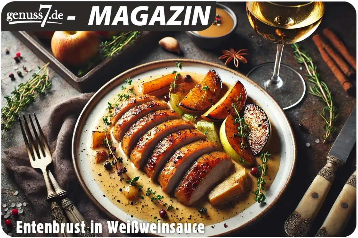 Gegrillte Entenbrust in Weißweinsauce mit Apfelspalten. Ein Glas Weißwein steht bereit – die perfekte Antwort auf die Frage: welcher Wein zu Gans?